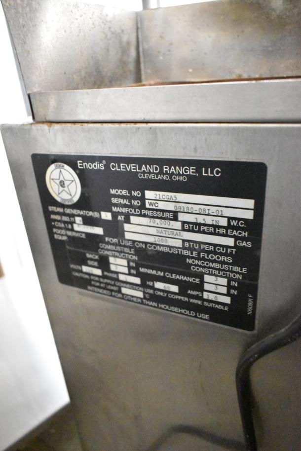 Cleveland 21CGA5 SteamCraft stainless steel commercial steam cabinet, natural gas, 70,000 BTU, model label view.