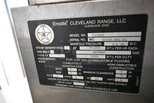 Cleveland 21CGA5 SteamCraft steam cabinet, 70,000 BTU, stainless steel, commercial use. Label shows model and gas info.