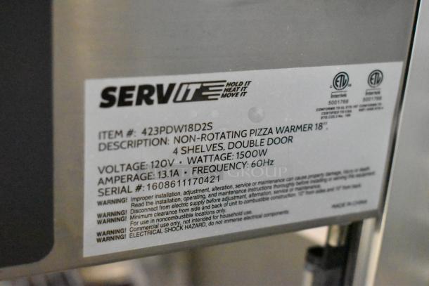BRAND NEW ServIt 423PDW18D2S stainless steel pizza warmer, 4 shelves, double door, 120V, 1500W, 60Hz.