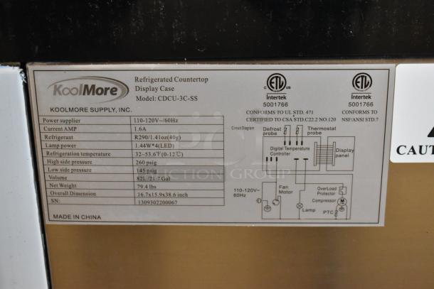 KoolMore CDCU-3C-SS commercial refrigerator display case label, 115V, 1 Phase, 82L capacity, 32-53.6°F temperature range.