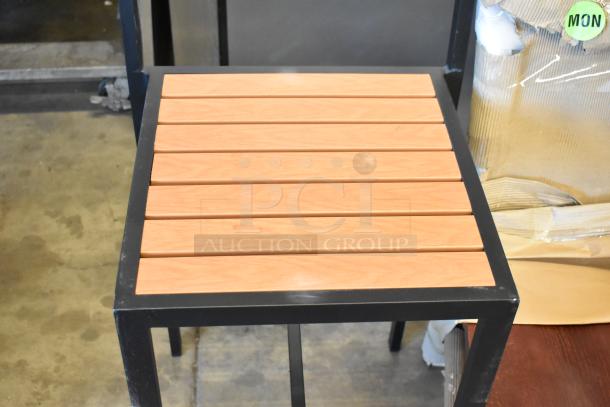 3 new scratch and dent chairs: 2 black metal bar-height with wooden slats, 1 wooden dining-height. Durable and stylish design.