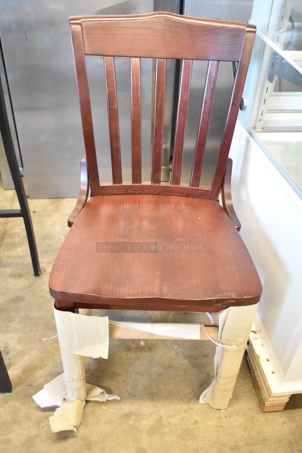 3 brand new chairs: 2 black metal bar height with wooden slats, 1 wooden dining height, scratch and dent condition.