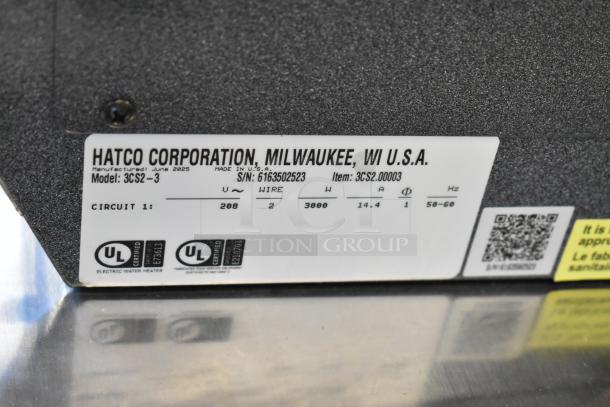 Hatco 3CS2-3 Hydro-Heater sanitizing sink heater label, 208V, 1 Phase, UL certified. Serial: 6163502523.