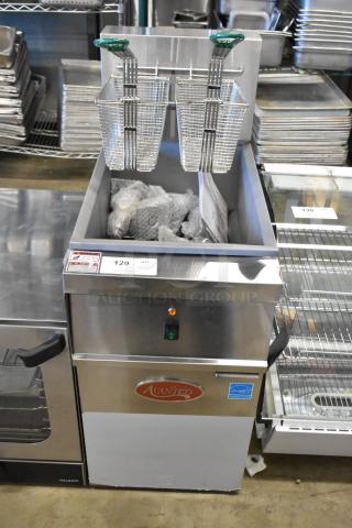Brand new Avantco 177EF40C stainless steel electric deep fryer with 2 baskets, 208V, 3-phase, scratch and dent condition.