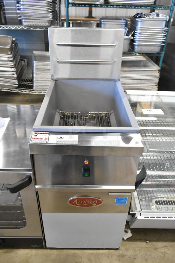 Brand new Avantco 177EF40C stainless steel electric deep fat fryer, with two metal fry baskets, 208V, 3-phase.