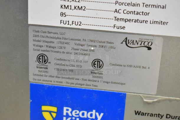 Brand new Avantco 177EF40C stainless steel commercial fryer label, showing model, voltage (208V, 3PH), and certifications.