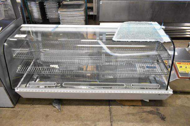 Brand new Avantco 360BCC60HCW 60" white refrigerated bakery display case with LED lighting. Glass damage visible.