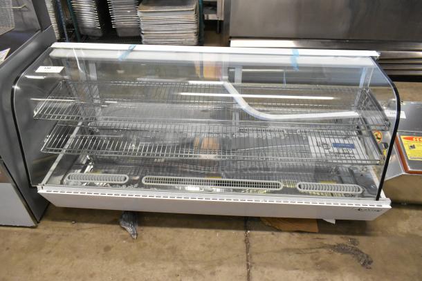Brand new Avantco 360BCC60HCW 60" white refrigerated bakery display case with LED lighting. Glass damage visible. 115V, 1 Phase.