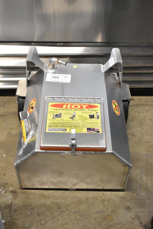 Brand new Shortening Shuttle SS-914W Simplicity Series, 95 lb. waste oil transport container with pump, visible caution labels.