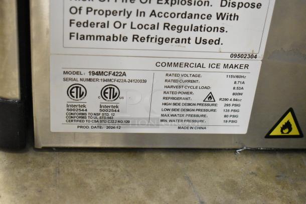 Stainless steel Avantco 194MCF422A commercial ice machine label, 399 lb output, 115 Volts, model details, scratch and dent condition.