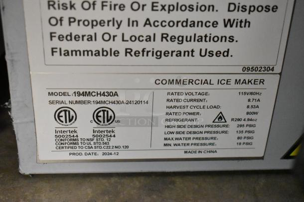 BRAND NEW Avantco 194MCH430A stainless steel commercial ice machine, 400 lb capacity, 115V, 1 Phase; ETL certified.