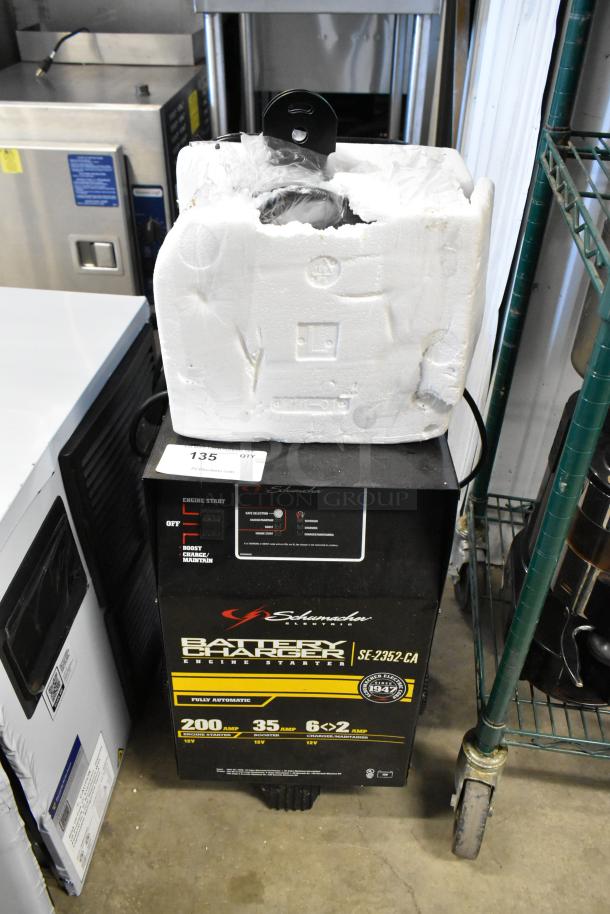 Brand new Schumacher SE-2352-CA battery charger, scratch and dent, features 200 amp engine start, 35 amp boost, 6-2 amp charge rates.