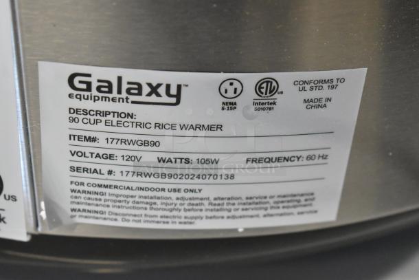Galaxy 177RWGB90 90 Cup Electric Rice Warmer label. Features 120V, 105W, 60Hz. Item is brand new with scratches and dents.