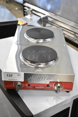 Brand new Avantco 177EB202F2BA double burner stainless steel hot plate. Front-to-back design, 120 volts, with control knobs.