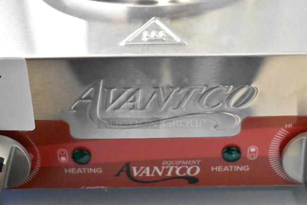 Brand new Avantco 177EB202F2BA double burner hot plate, stainless steel, electric, front-to-back, 120V, 1 Phase.