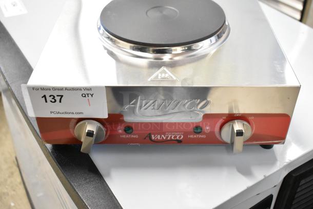 Brand new Avantco 177EB202F2BA double burner hot plate, stainless steel, electric, 120V, with control knobs, minor scratches.