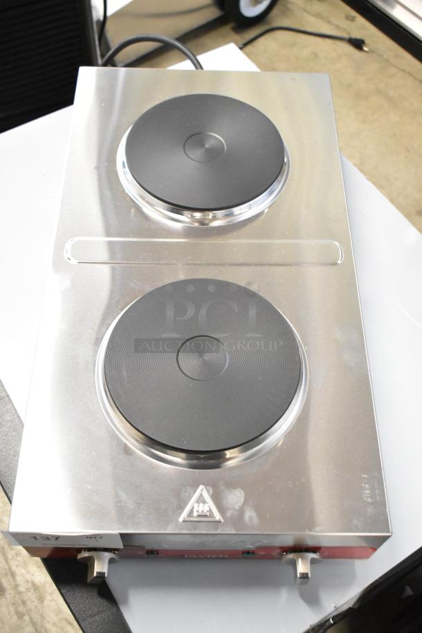 Brand new Avantco 177EB202F2BA hot plate, double burner, stainless steel, 120V, small scratches, portable electric model.