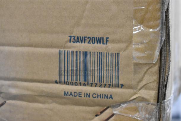Box with "73AVF20WLF" model number, barcode, and "Made in China" text. Contains Boltic 20" wall-mounted fan, new condition.