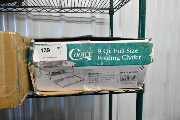 Brand new Choice 407FOLDCHAF 8 Qt. folding chafer in original packaging, features stainless steel cover and handle.