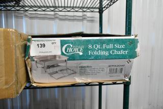 Brand new Choice 407FOLDCHAF 8 Qt. folding chafer in original packaging, features stainless steel cover and handle.