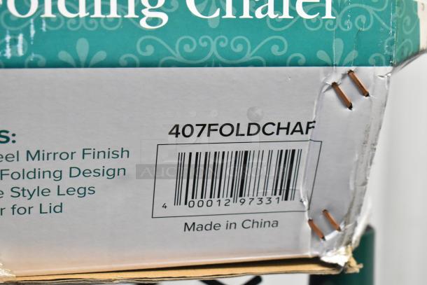 Brand new Choice 407FOLDCHAF 8 Qt. folding chafer, stainless steel cover and handle, minor box damage, made in China.