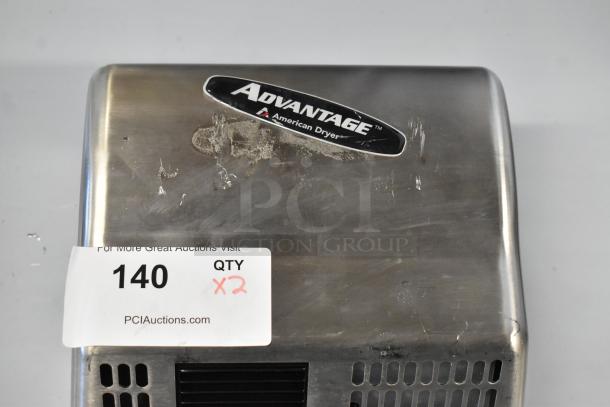 American Dryer Advantage AD90-SS hand dryer with stainless steel cover, showing minor scratches. Auction label: Qty 2.