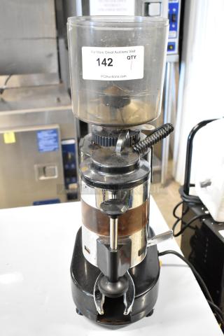Rossi RR45 metal commercial espresso bean grinder, missing lid, 115 volts, 1 phase. Visible label for auction information.