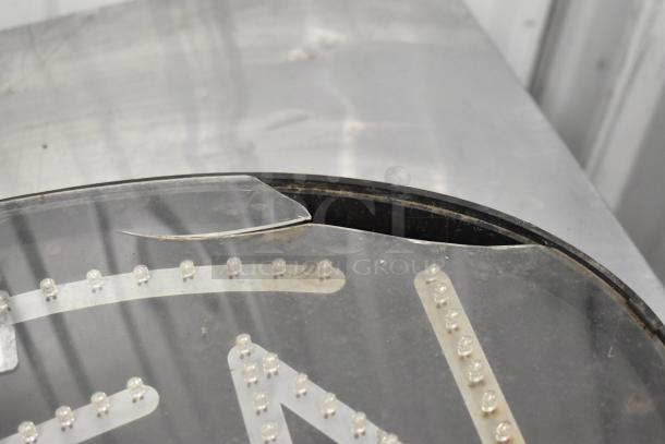 Light Up Open Sign with LED bulbs, slight crack on the surface, black frame, fair condition.