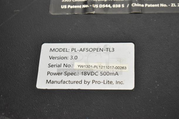 Light Up Open Sign, Model PL-AF50OPEN-TL3, Version 3.0, 18VDC 500mA, Pro-Lite, Inc., Serial YW130,1-PL1211017-00263.