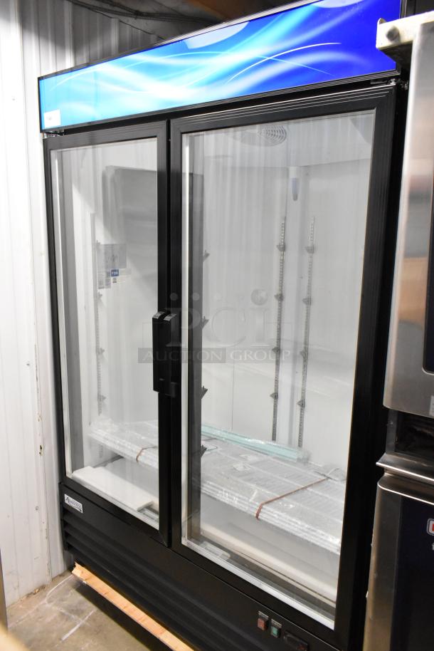 Brand new Avantco 178GDC49HCB refrigerator, 53" customizable, swing glass doors, LED lighting, minor scratches, 115V, 1-phase.
