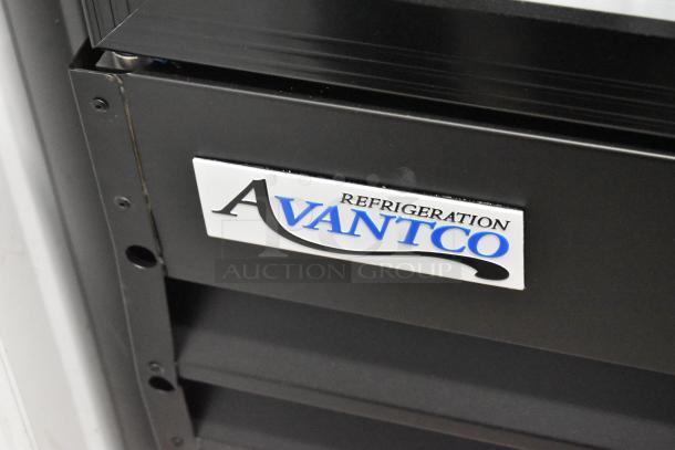 Alt text: Close-up of Avantco logo on black customizable glass door merchandiser refrigerator, model 178GDC49HCB.