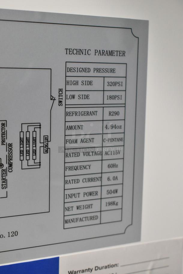 Alt text: "Tech parameters label on Avantco 178GDC49HCB refrigerator showing pressure, refrigerant, voltage, and other specs."