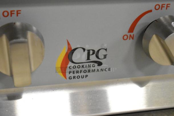 Cooking Performance Group logo on stainless steel 4-burner countertop range, model 351RCPG24NL, 88,000 BTU, new condition.