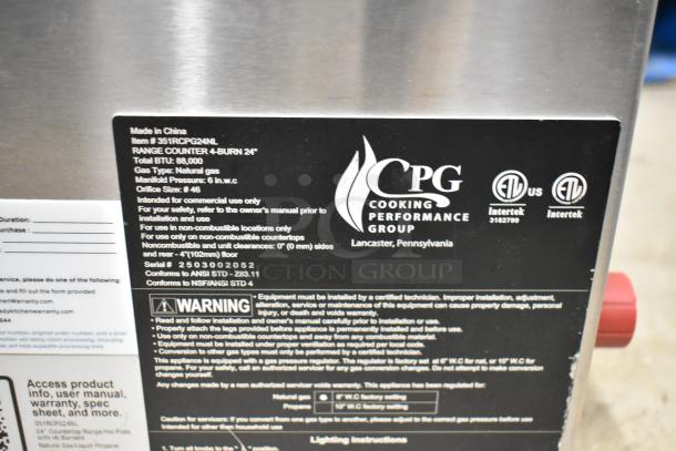BRAND NEW Cooking Performance Group R-CPG-24-NL stainless steel 4-burner natural gas range, 88,000 BTU, scratch and dent condition.