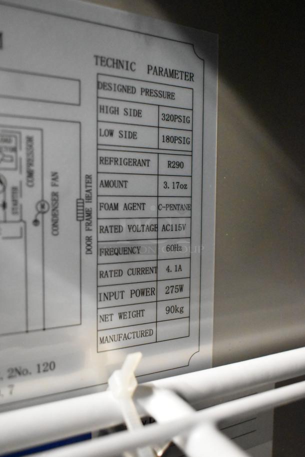 Alt text: Avantco 178SSUC36FHC Undercounter Freezer label, detailing technical specs: 115V, 60Hz, R290 refrigerant, 3.17oz.