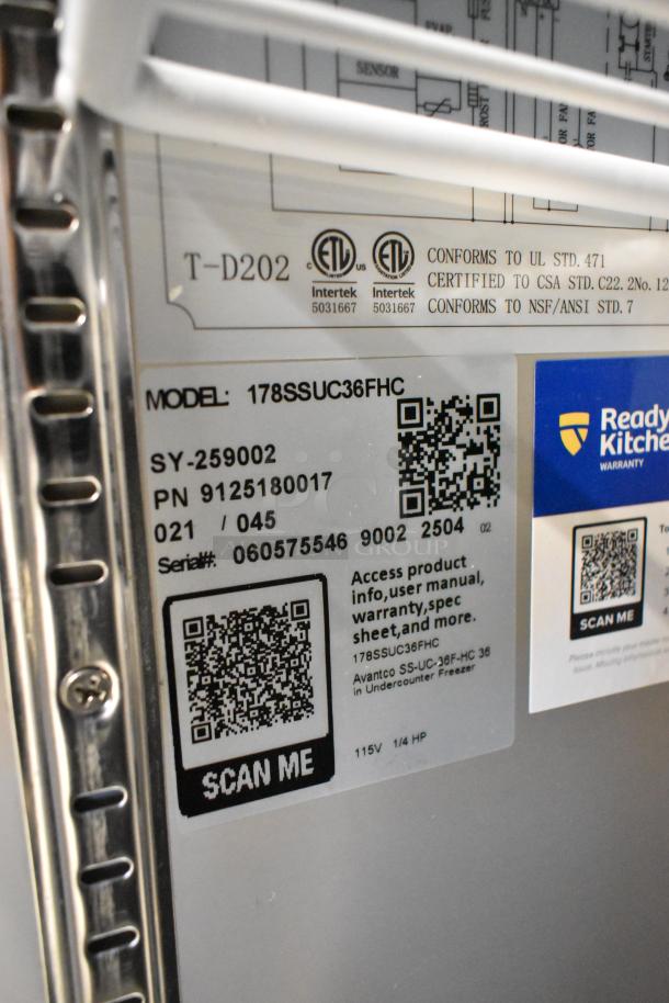 Avantco 178SSUC36FHC label with QR codes, model details, and certification logos on a stainless steel surface.