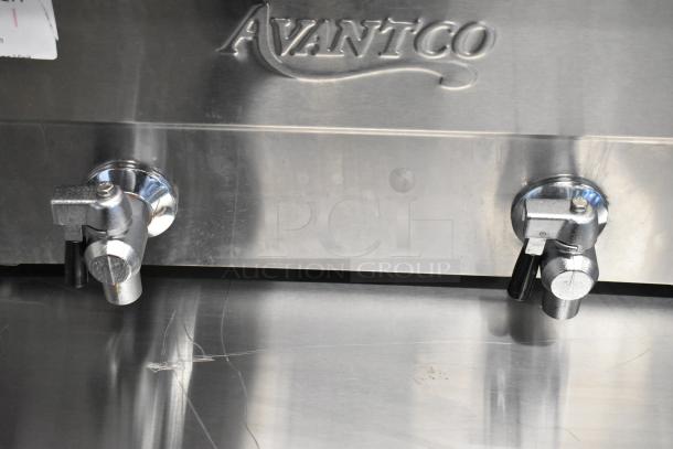 Avantco 177F202 stainless steel heating controls with brand logo, showing new condition and minor scratches.