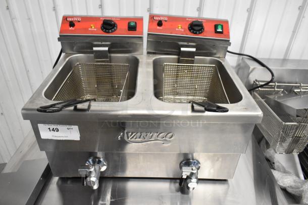Brand new 2025 Avantco 177F202 30 lb. dual tank electric countertop fryer with two metal baskets and lids, scratch and dent.