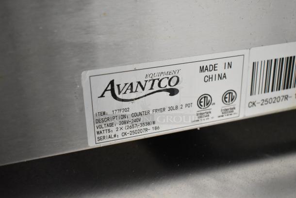 Avantco 177F202 electric fryer label showing item specifications, including 208-240V, 30 lb. dual tank, made in China.