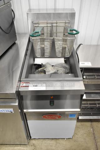 Brand new Avantco 177EF40D stainless steel commercial deep fryer with two metal baskets, 240V, 1 phase, scratch and dent.