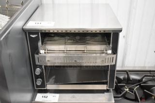 Brand new Vollrath JT1 conveyor toaster, 1 1/2" opening, 120V, 1 phase, minor scratches, dual control knobs visible.