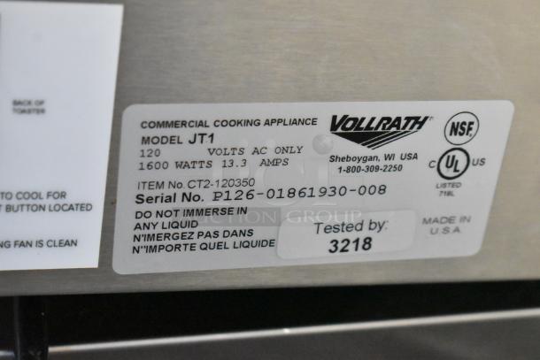 BRAND NEW Vollrath JT1 Conveyor Toaster with 1 1/2" opening. 120V, 1 phase. Serial no. P126-01861930-008. NSF certified.