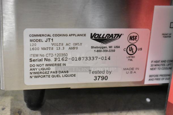 Vollrath JT1 Conveyor Toaster label, 120 volts, 1600 watts, serial P162-01873337-014, tested by 3790, made in USA.