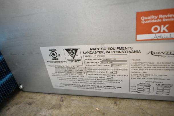 BRAND NEW 2025 Avantco 177CAGR424 Stainless Steel 4 Burner Gas Range, 100,000 BTU. Tags show model and serial number.
