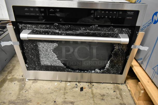 KoolMore KM-CWO24-SS 24" stainless steel convection oven with microwave, showing glass damage. 120V, 1 phase.