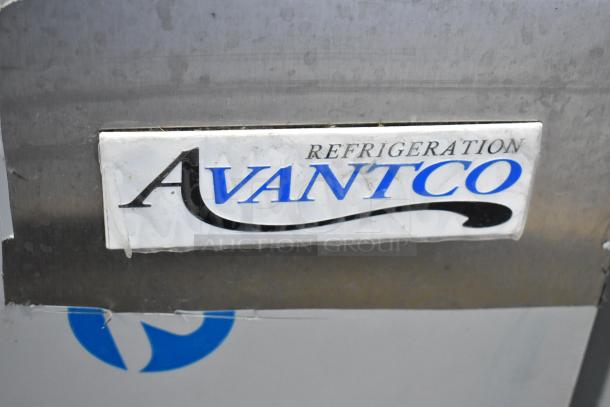 Avantco Refrigeration logo on stainless steel surface of model 447APST72 refrigerated prep table, "scratch and dent" condition.
