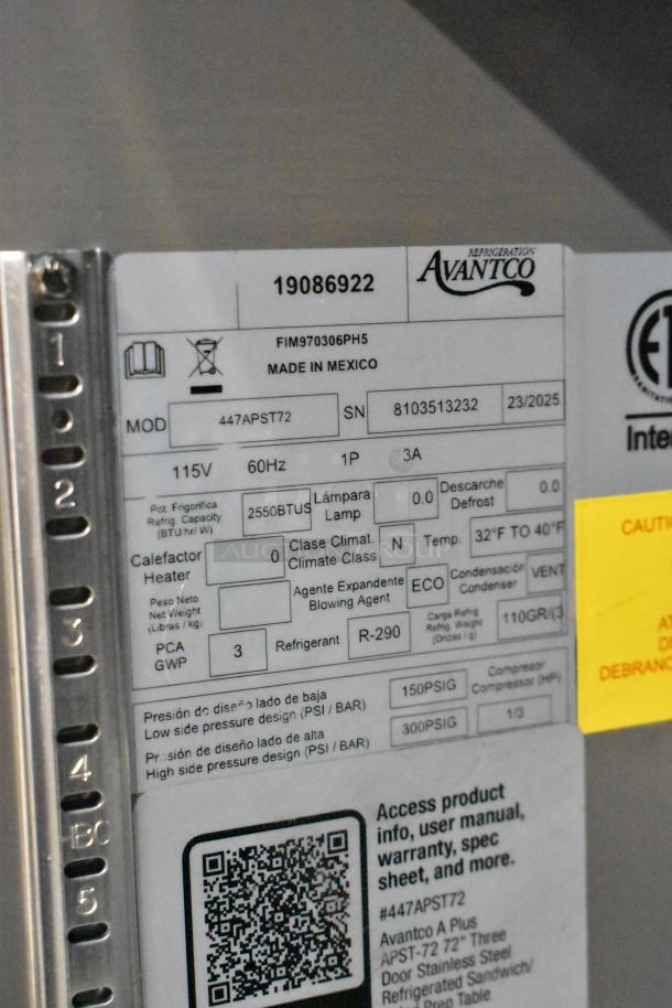 Avantco 447APST72 72" stainless steel prep table label. Features refrigeration specs and model details. Made in Mexico.