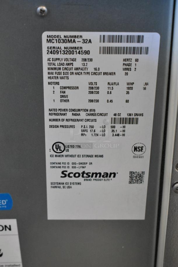 2024 Scotsman MC1030MA-32A Prodigy Elite ice machine, brand new, medium cube, 1077 lbs capacity, 208/230V, 1 phase.