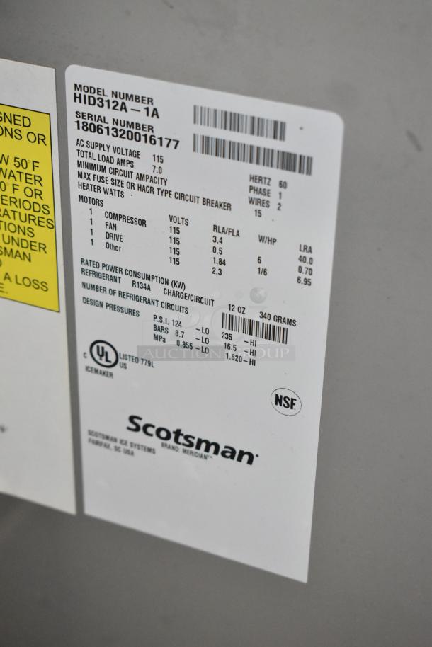Scotsman HID312A-1A ice machine label showing model, serial number, 115V specs, and NSF certification.