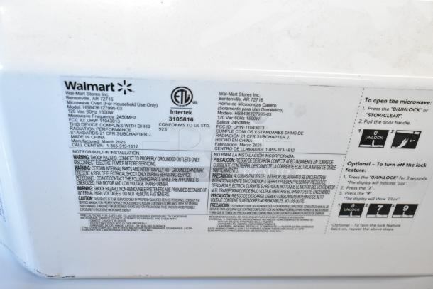 2025 Hamilton Beach HB8436127995-03 Microwave Oven info label, 120V, 1 phase, 2450MHz, made in China, March 2025.